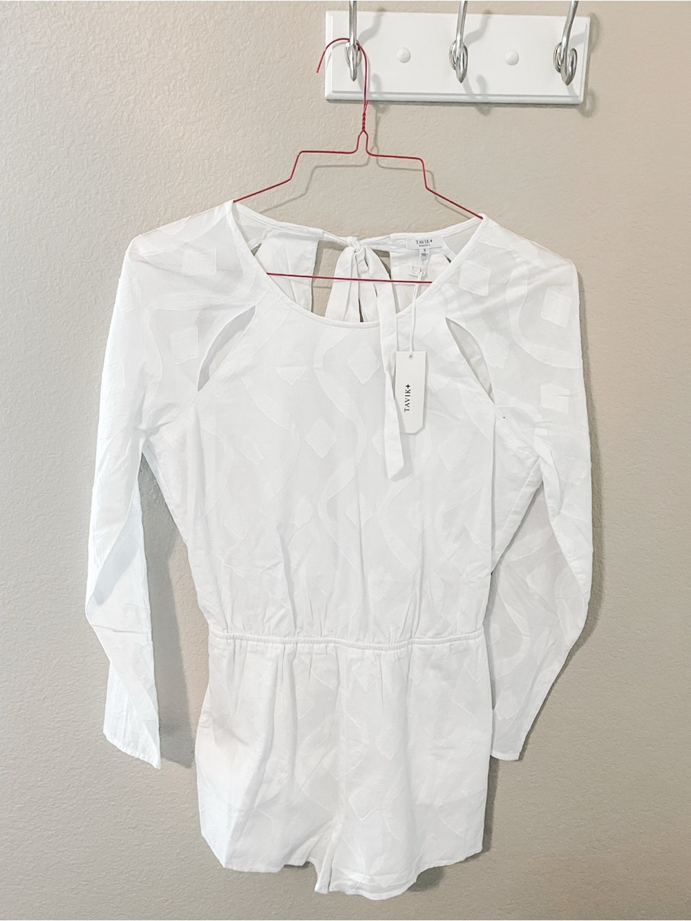 Tavik White Textured Long Sleeve Romper with Tie Back
